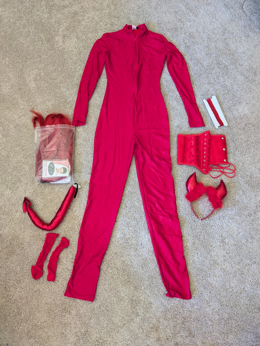 Women's Full-Length Red Jumpsuit with Accessories - Halloween Costume